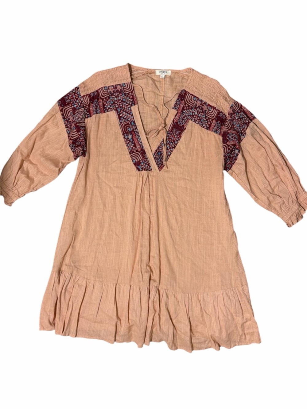 UMGEE Boho Tunic Dress with Burgundy Embroidered Yoke